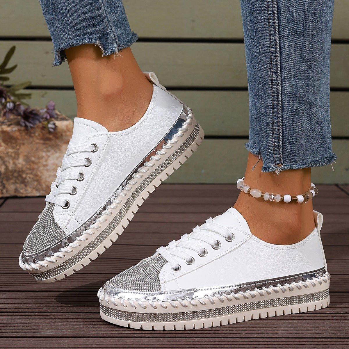 Women’s Plus Size White Sneakers – Chunky Sole Casual Everyday Shoes showcased with denim jeans.