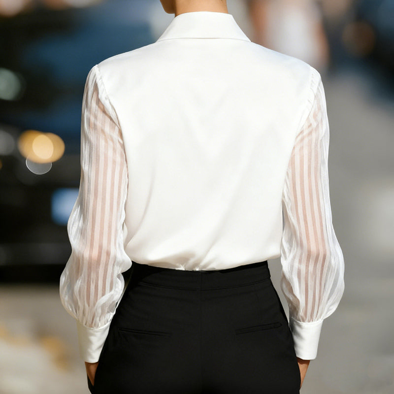Women’s Satin Lapel Collar Blouse – Sheer Long Sleeve Button-Down Shirt for Office & Spring/Autumn Wear