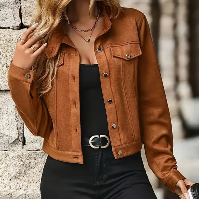 Faux Suede Cropped Jacket with Stand Collar — Vintage Short Coat / Fall Outwear