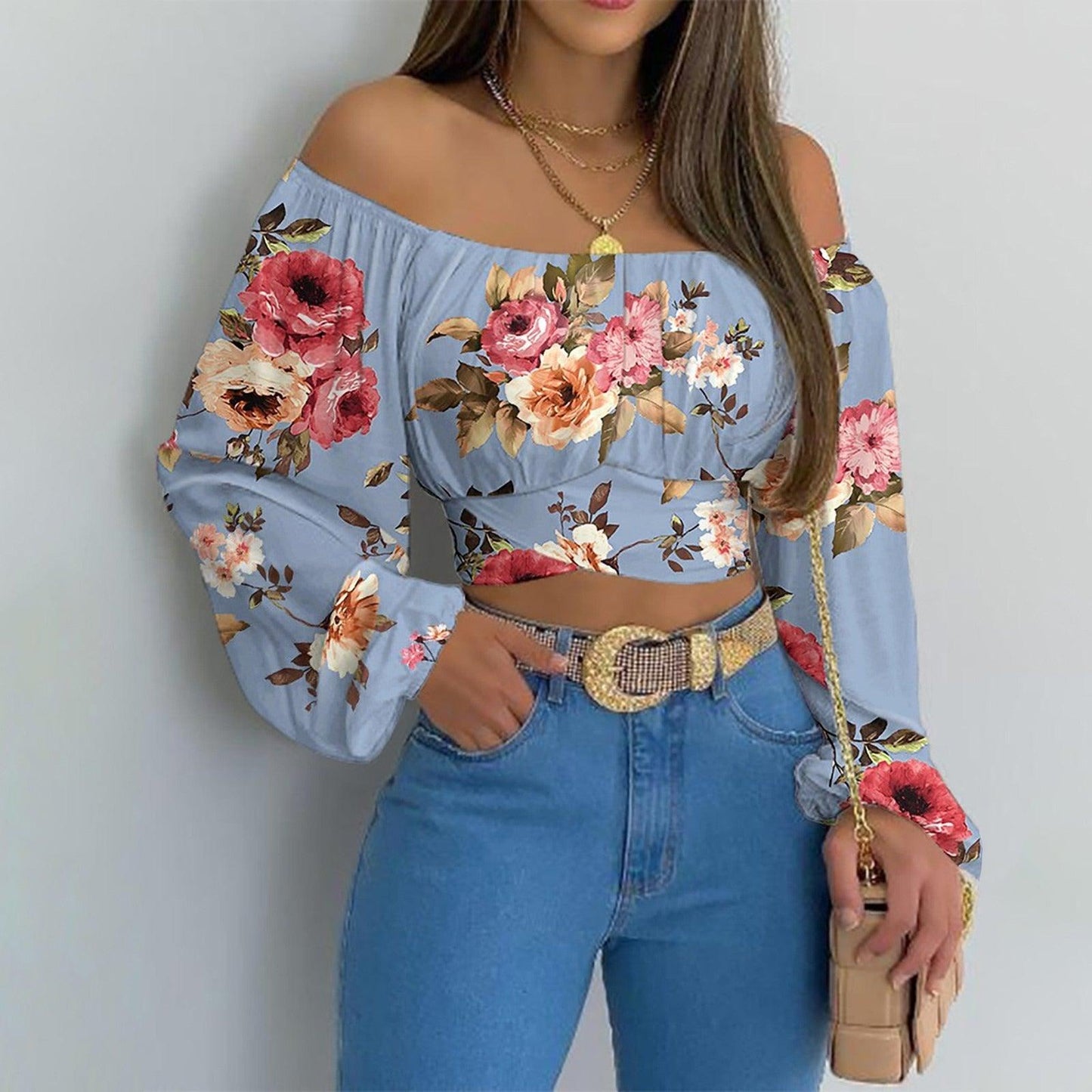 Off Shoulder Cross Tie Long Sleeve Top | Sexy & Trendy Cowgirl Look with floral design and balloon sleeves on model