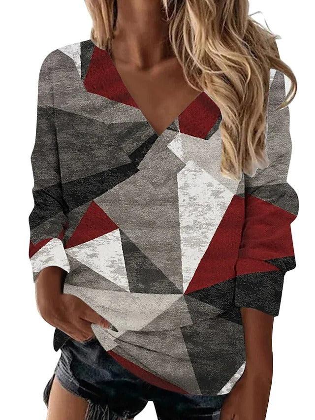 Boho Western V-Neck Long Sleeved Top – Stylish Cowgirl Fashion with Geometric Patterns in red, black, and white