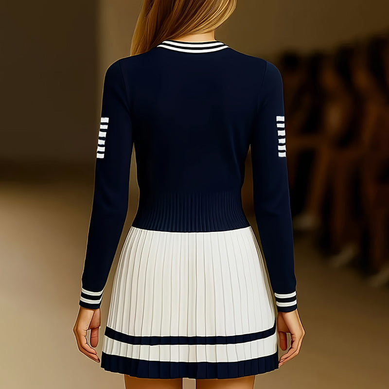 Back view of Women's Long Sleeve Sweater Dress with pleated skirt, perfect for fall style and comfort.