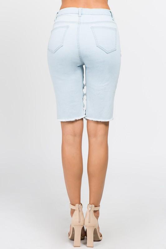 Back view of Cutoff Bermuda Shorts with Chains, perfect Country Girl Denim Shorts for Summer & Spring, showcasing unique chain detail.