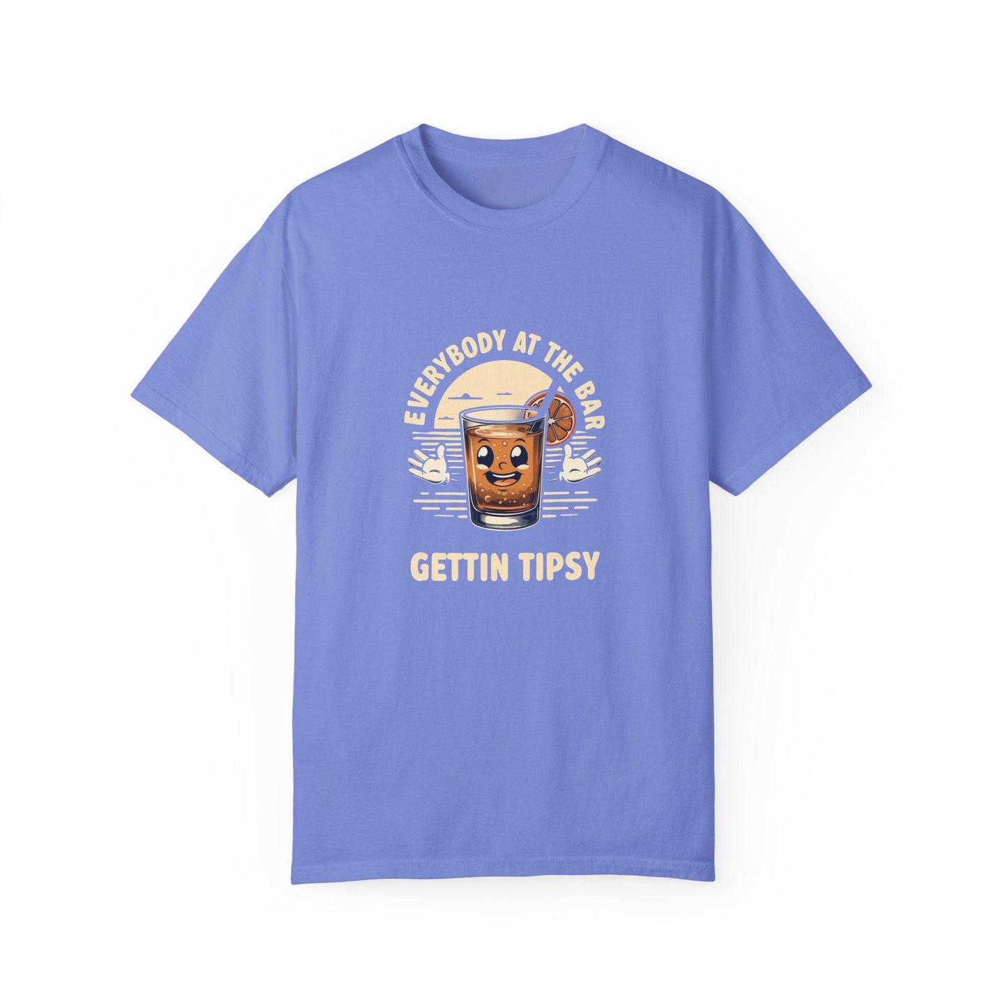Everybody at the Bar Gettin Tipsy Unisex Garment-Dyed T-Shirt with whiskey glass graphic and witty text on vibrant fabric