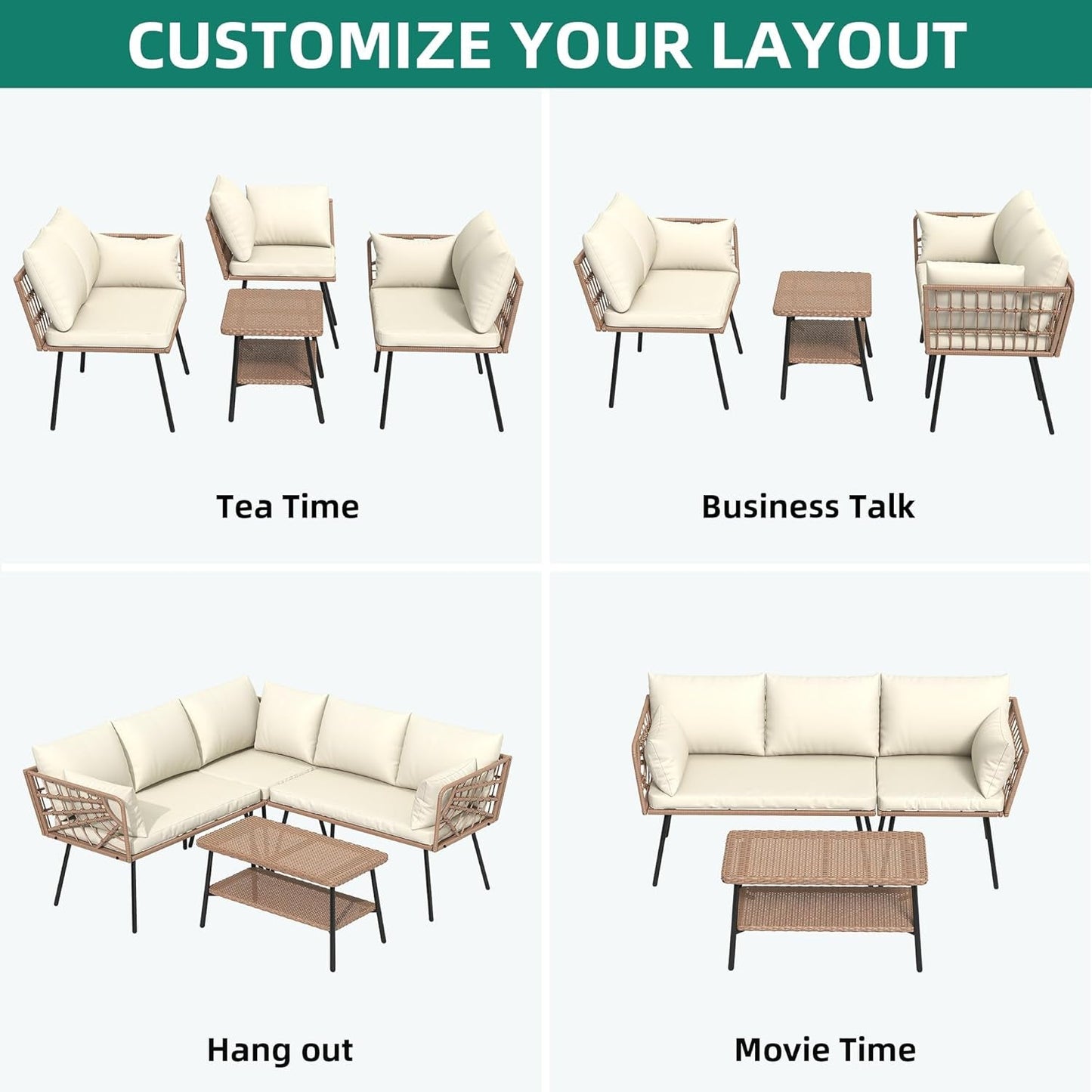 L Shape Outdoor Couch Set with Thick Cushions customizable layout options for patio or garden use