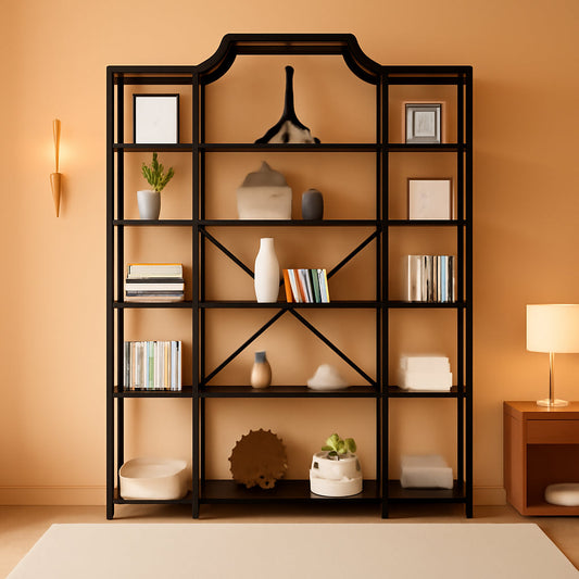 Triple Wide Five Tier Bookshelf For Living Room Organization showcasing decor and books in a modern setting.
