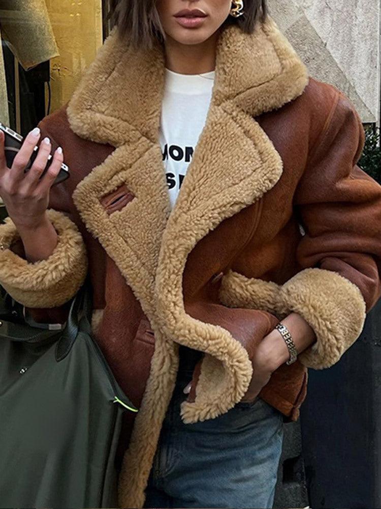 Woman wearing Cozy Cowgirl Lamb's Wool Casual Jacket – Stylish & Comfortable for Cowgirls, showcasing lamb's wool lining.
