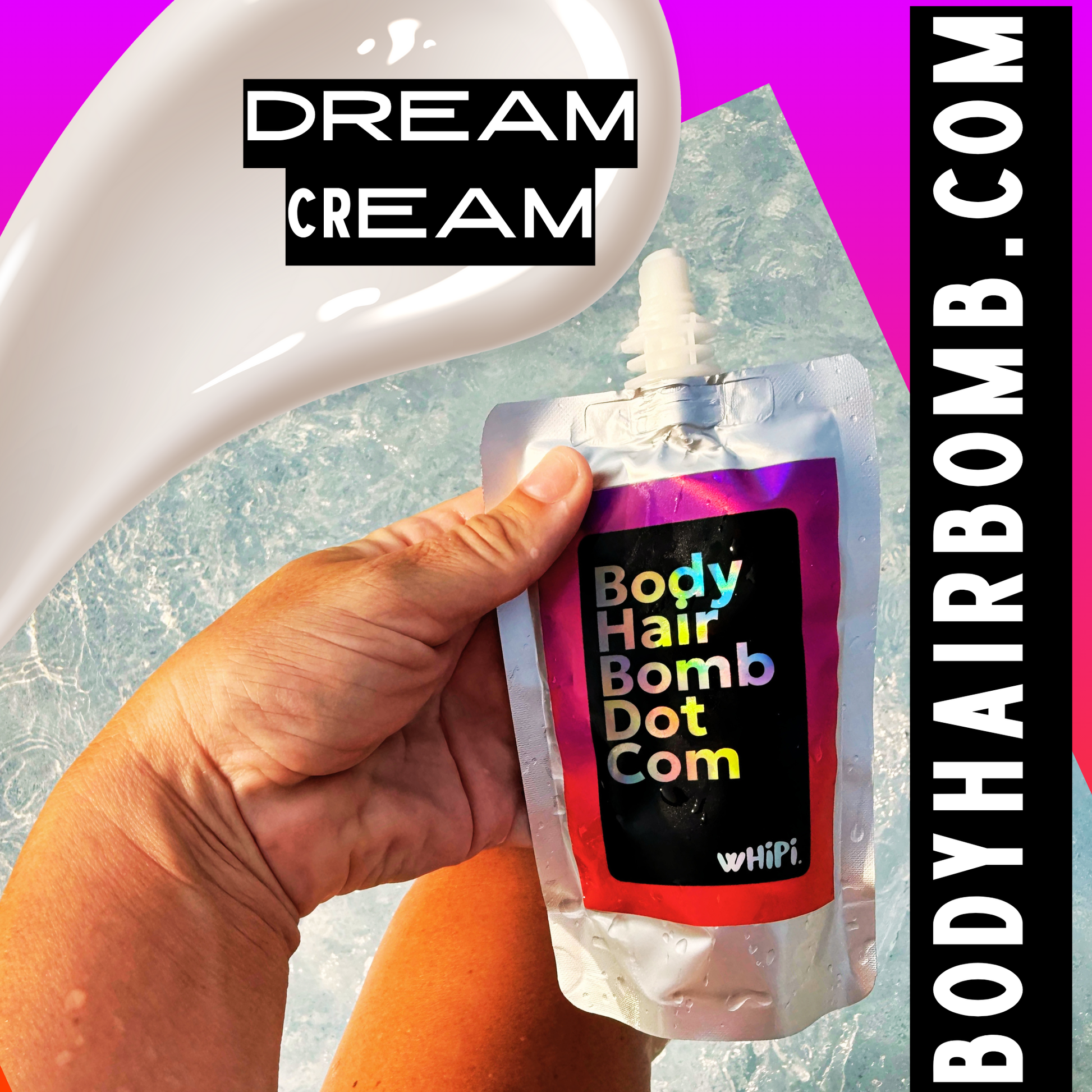 Hand holding Body Hair Bomb Dot Com- Everything Cream against a blue background, emphasizing versatility for skin and hair care.