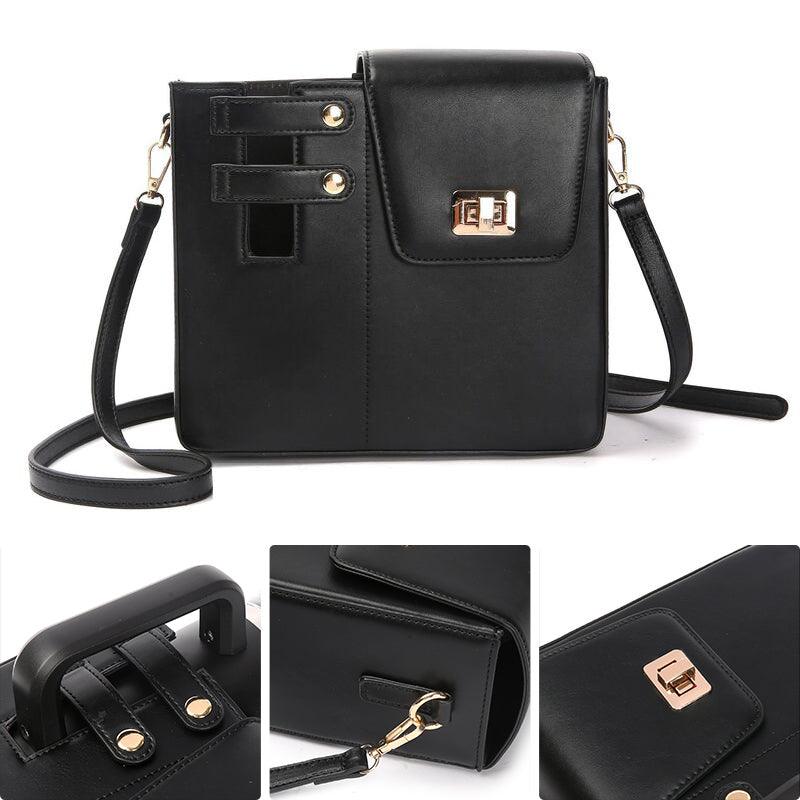 VersaStyle Crossbody Handbags in sleek black design, featuring gold hardware and chic functional elements for ultimate versatility.