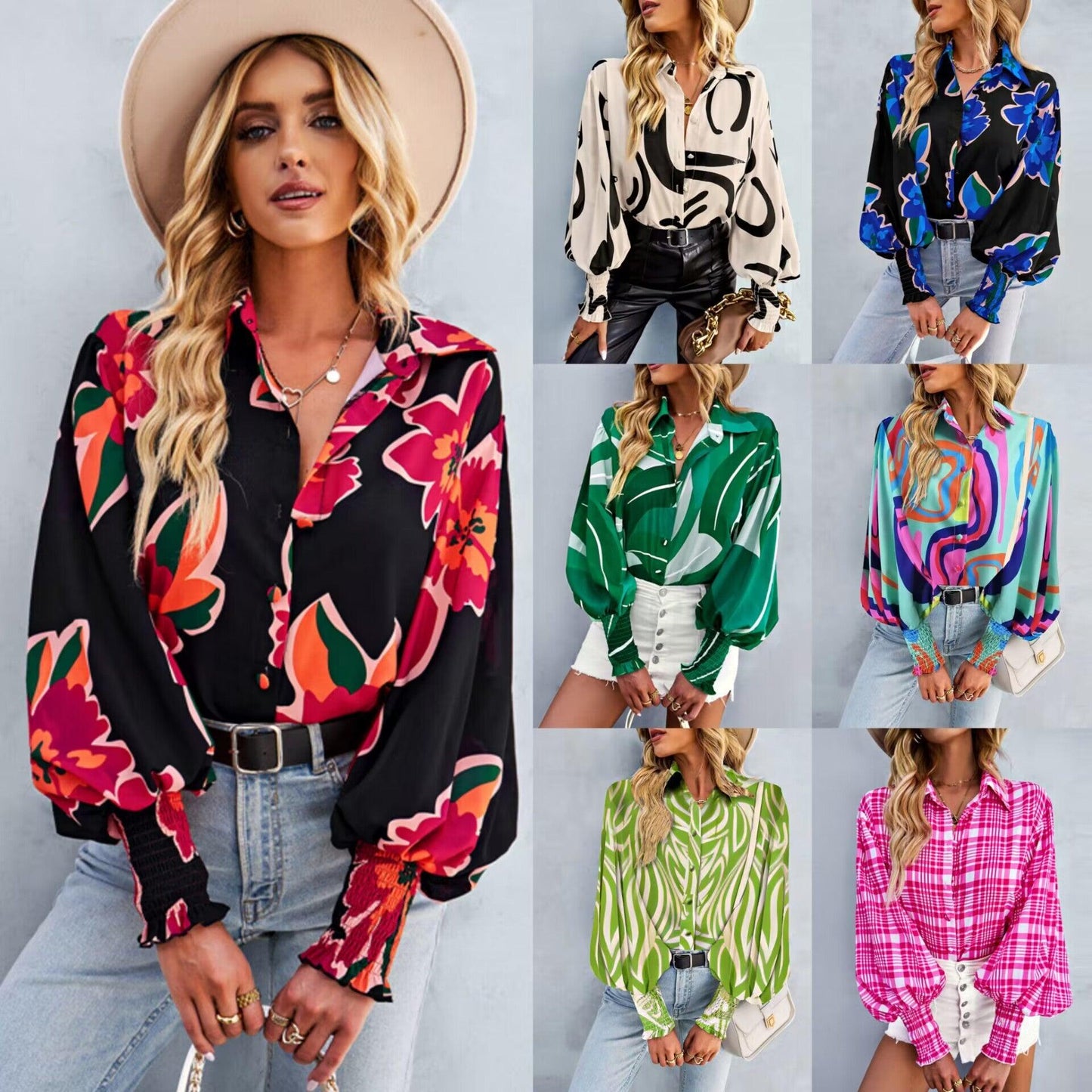 Boho Printed Lantern Sleeve Top – Relaxed Fit Casual Shirt for Country Girls with vibrant floral and abstract designs.
