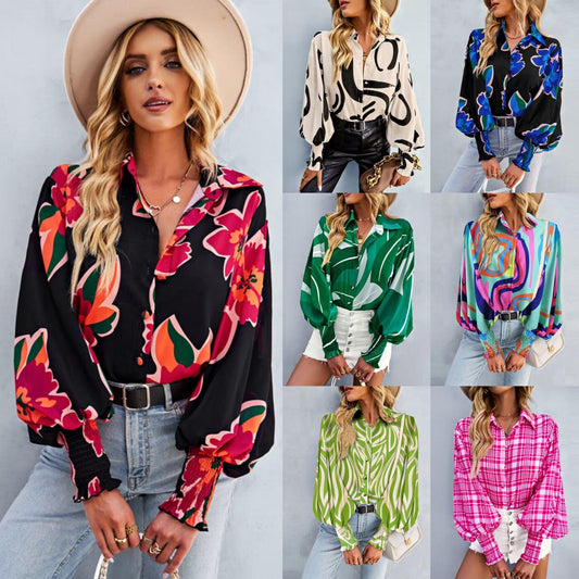 Boho Printed Lantern Sleeve Top – Relaxed Fit Casual Shirt for Country Girls with vibrant floral and abstract designs.