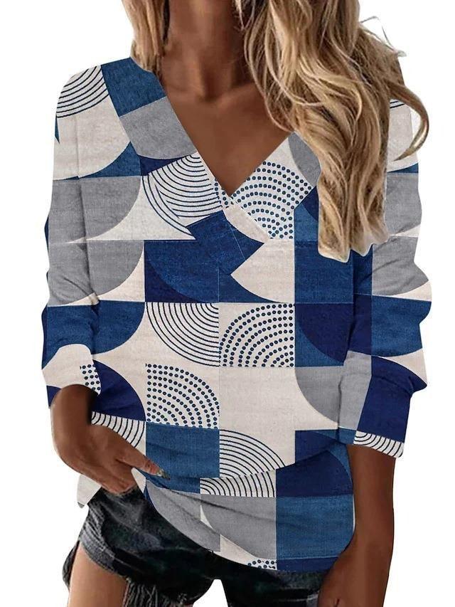 Boho Western V-Neck Long Sleeved Top – Stylish Cowgirl Fashion with Geometric Patterns in blue, orange, and khaki.
