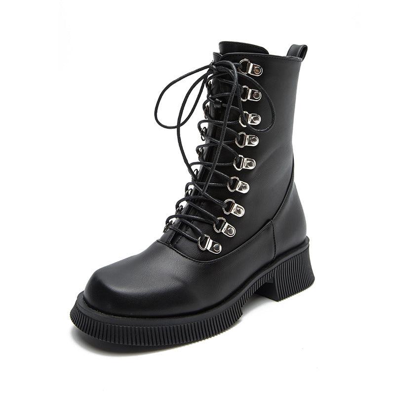 Black Knight Lace-Up Boots with thick soles and silver-plated eyelets, made from high-quality simulated leather for bold style and durability.