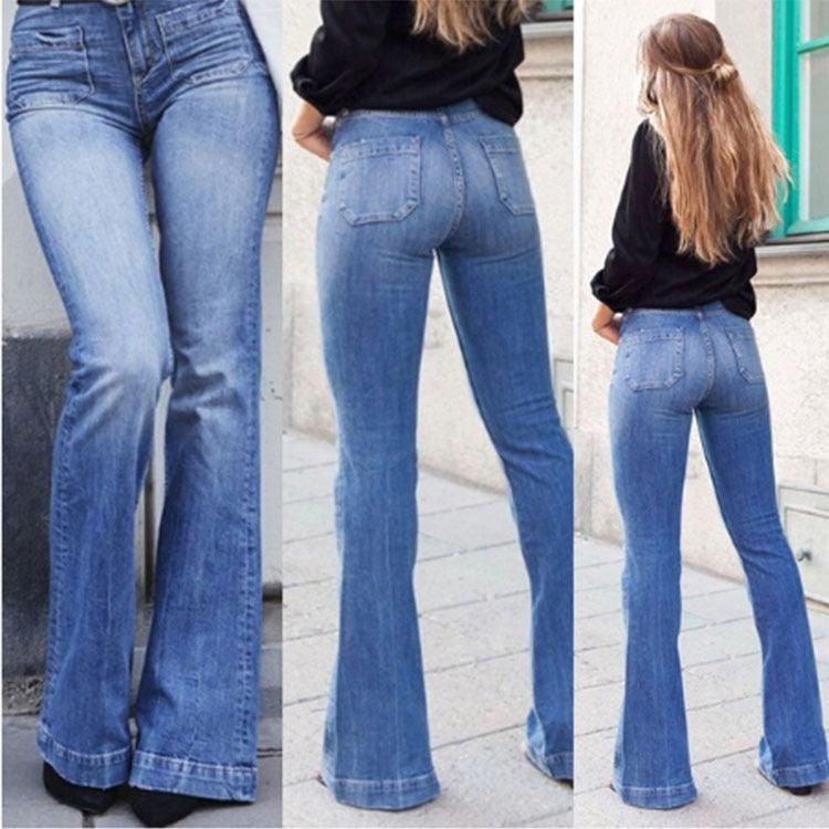 Cowgirl Chic Wide Flare Jeans - Stylish Denim Flare Pants for Trendy Women, showcasing mid-waist design and micro-flared legs.
