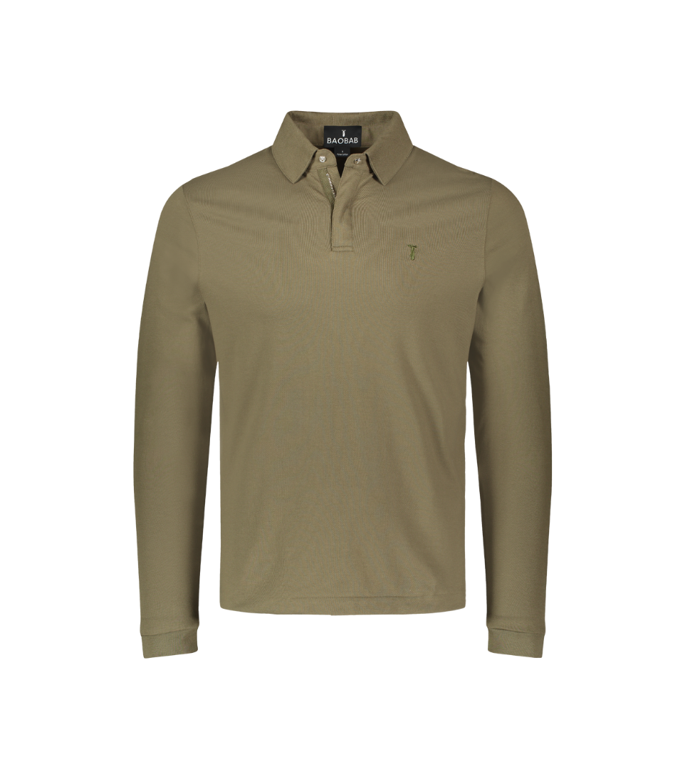 Long Sleeve Perfect Polo in olive green, featuring StaySharp™ Collar and tailored fit for style and comfort.