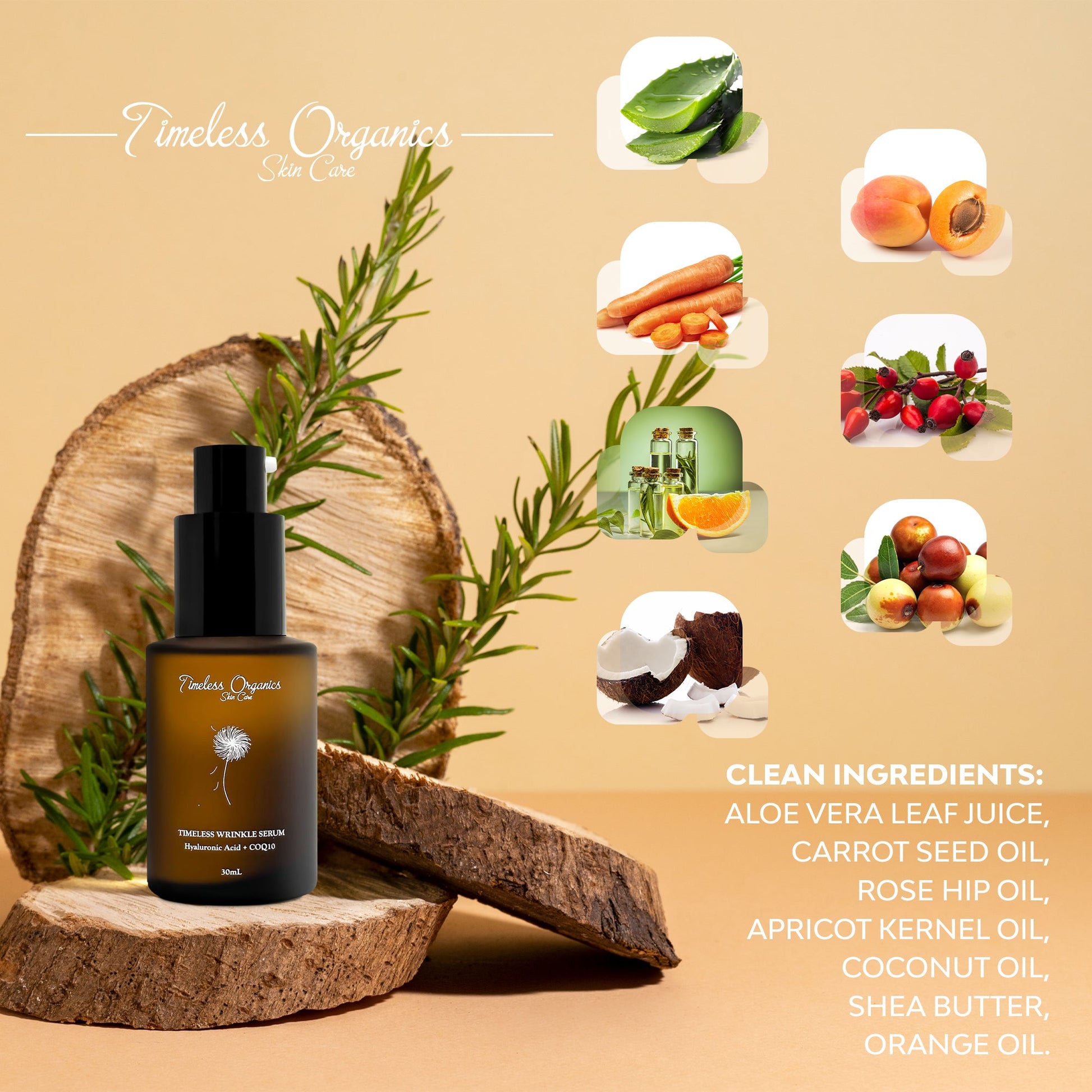 Timeless Wrinkle Serum with natural ingredients shown in background.