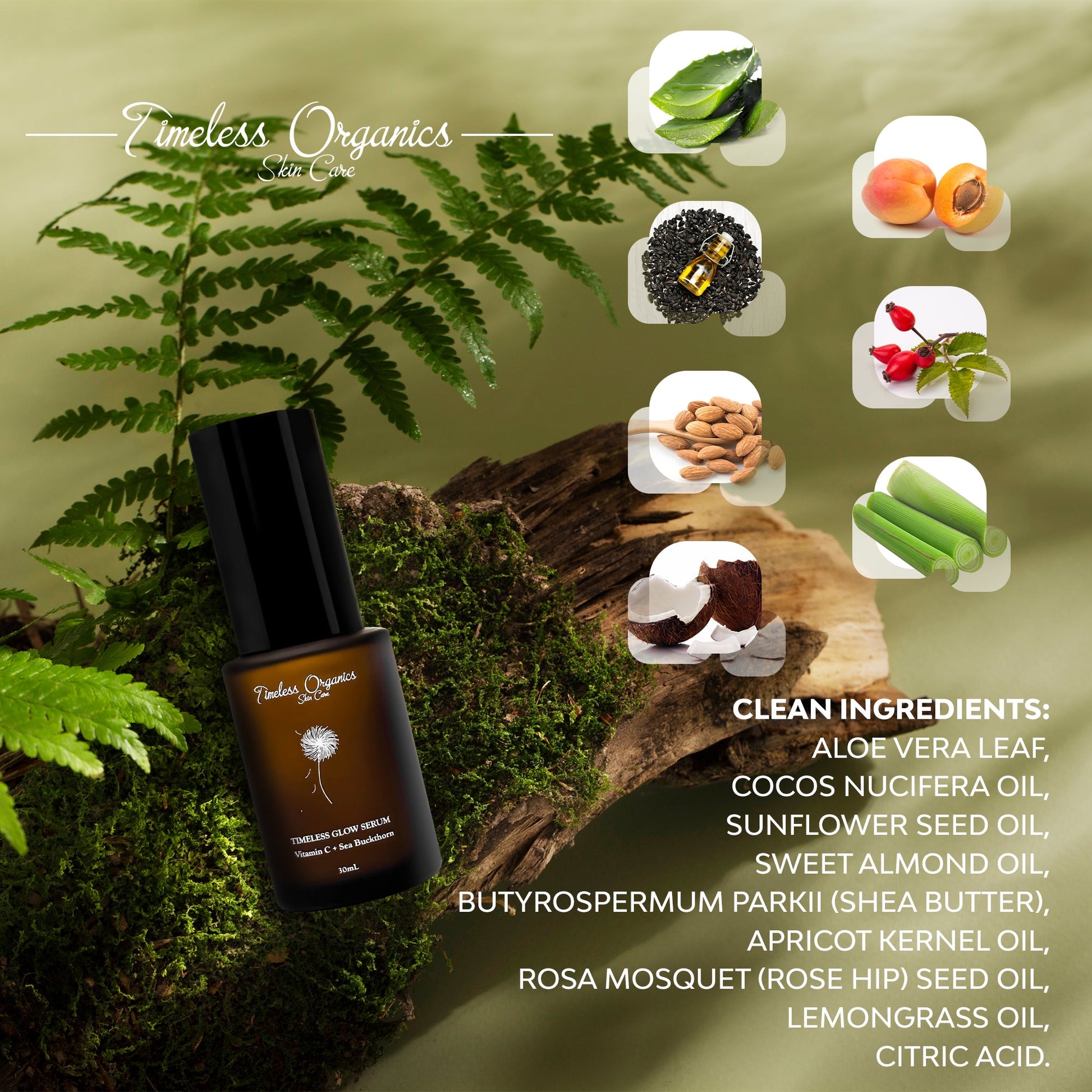 Timeless Glow Serum bottle surrounded by natural ingredients like aloe vera, sunflower seed oil, and apricot kernel oil.