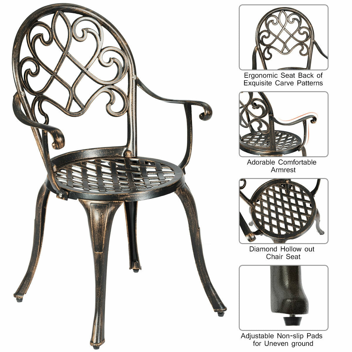 Cast aluminum chair with ergonomic carved backrest and removable ice bucket for 3 Pieces Outdoor Set Patio Bistro with Attached Removable Ice Bucket.