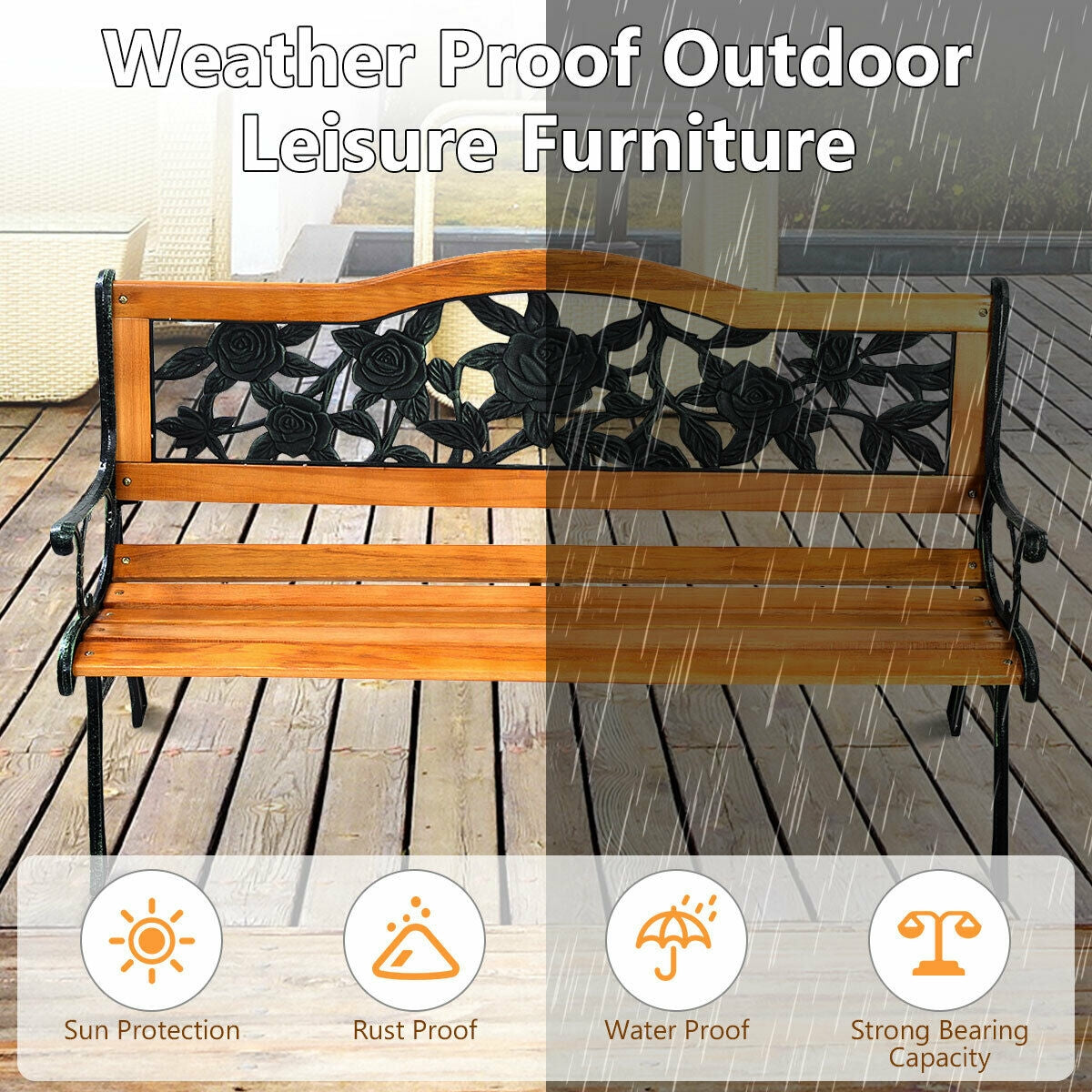 Garden Bench Chair Outdoor Wooden Loveseat with Iron Armrest, weatherproof with sun, rust, and water protection features