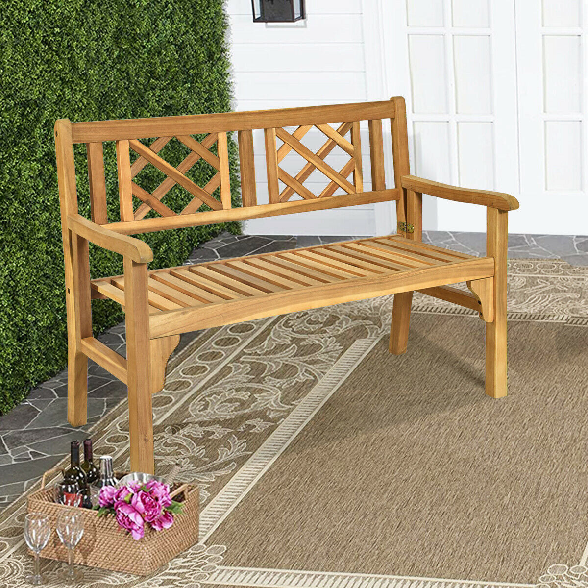 Patio Foldable Bench with Curved Backrest and Armrest made of acacia wood, ideal for garden and backyard relaxation, seating for two.