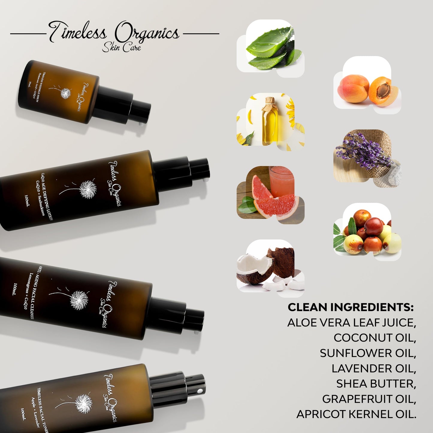 Timeless Organics Anti-Aging Kit with Aloe Vera, Lavender Oil, and Shea Butter.