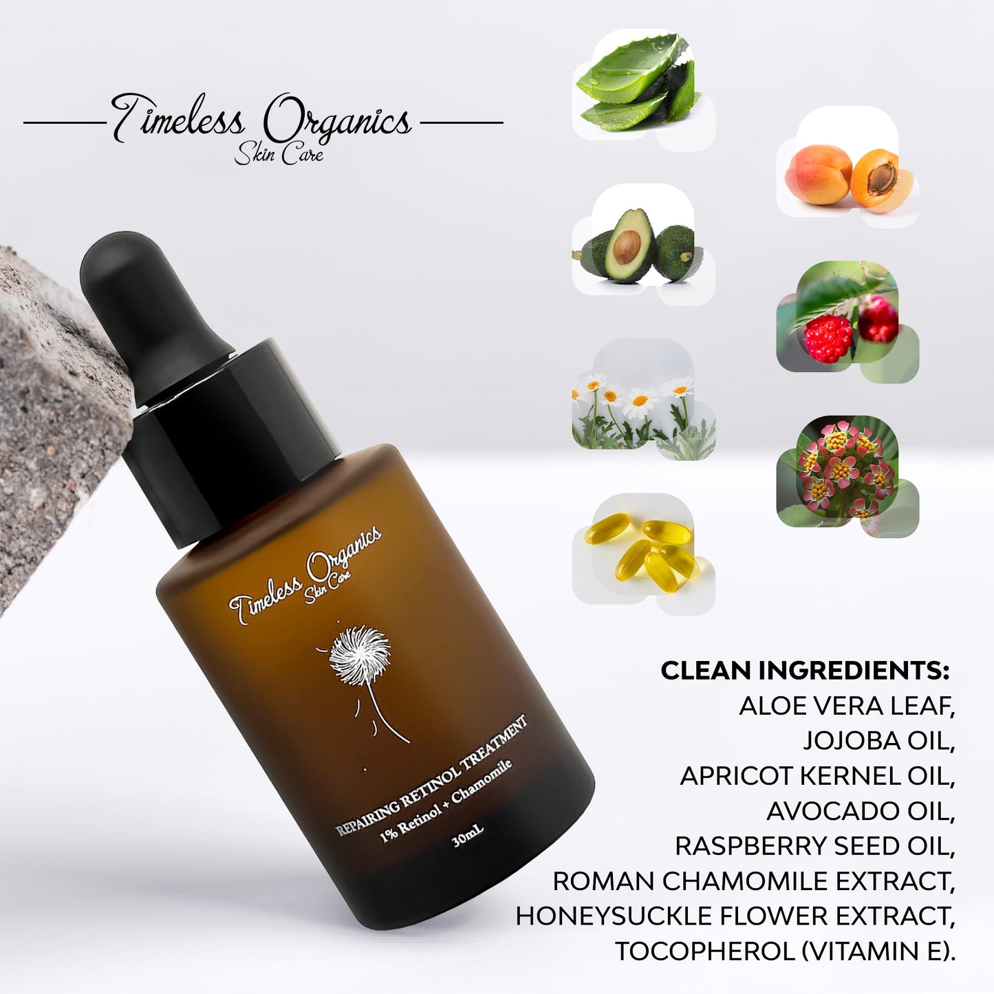 Repairing Retinol Treatment bottle with dropper, featuring natural ingredients like jojoba oil, avocado oil, and aloe vera, 30mL size.