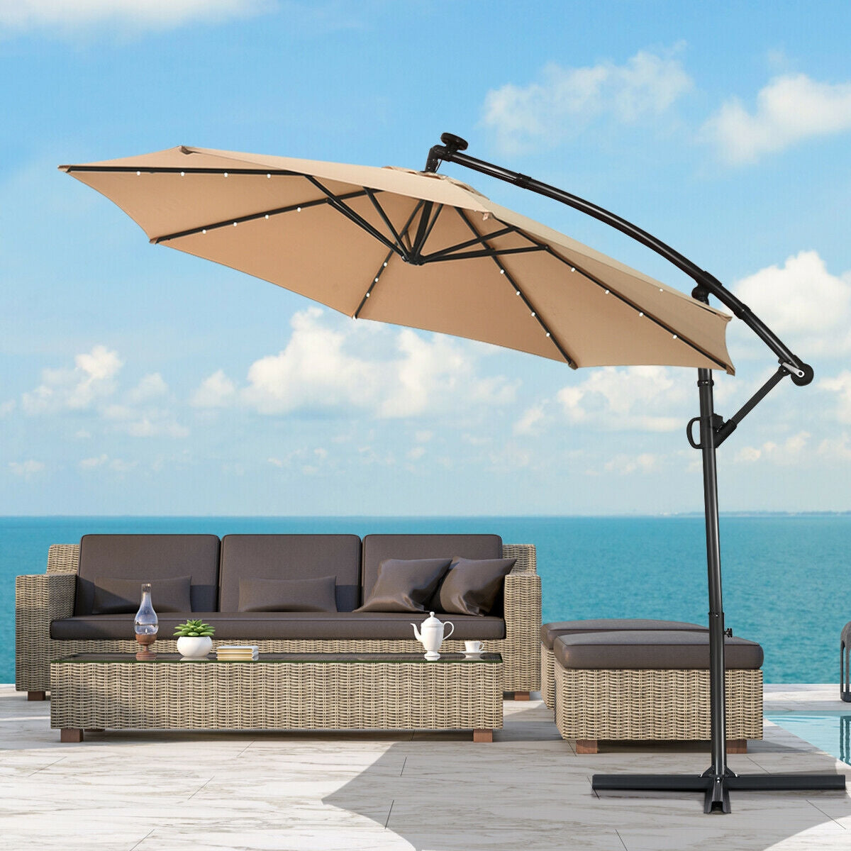 10 ft 360° Rotation Solar Powered LED Patio Offset Umbrella without Weight Base-Beige shading outdoor patio area