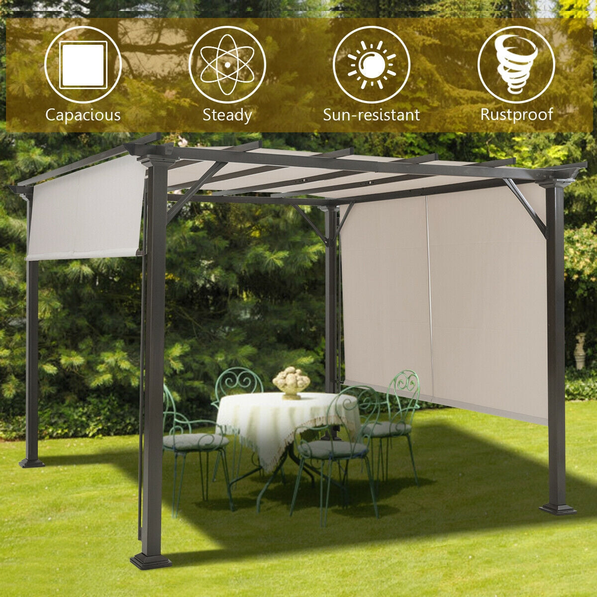 10 x 10 Feet Metal Frame Patio Furniture Shelter-Beige with waterproof canopy, ideal for backyard or poolside, offering sun and weather protection.