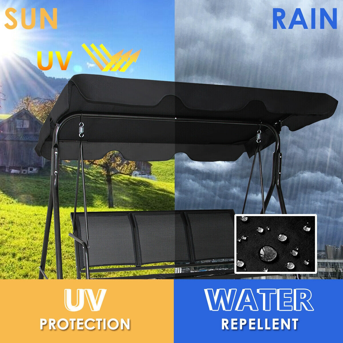 3 Person Patio Swing with Polyester Angle Adjustable Canopy providing UV protection and water repellence for outdoor use