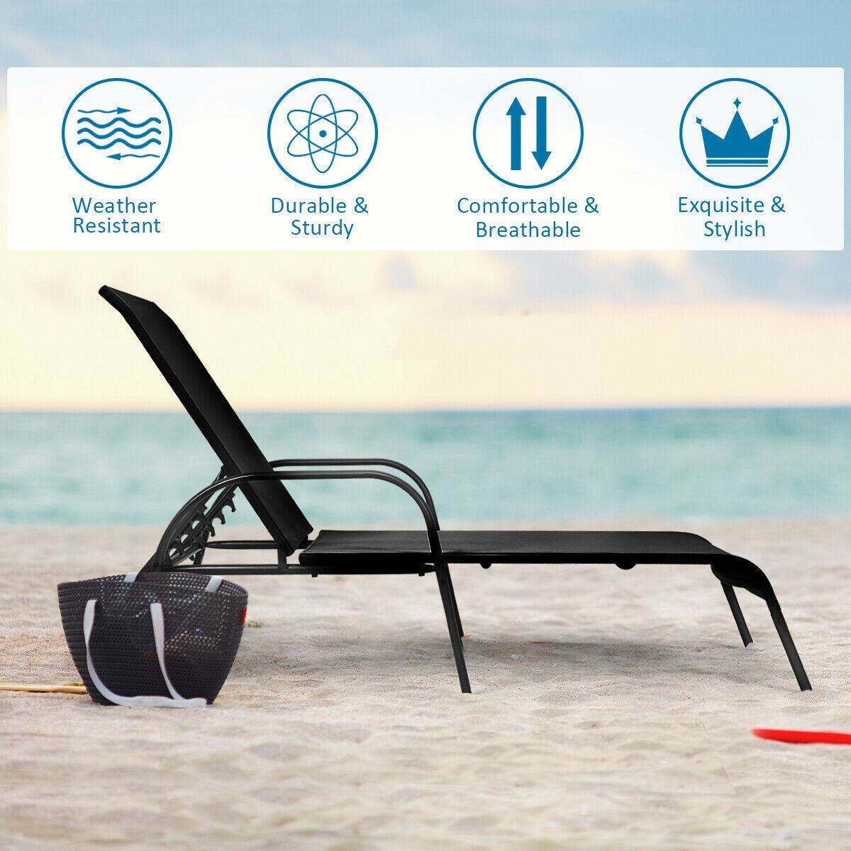2 Pcs Outdoor Patio Lounge Chair Chaise Fabric with Adjustable Reclining Armrest, weather resistant, on sandy beach
