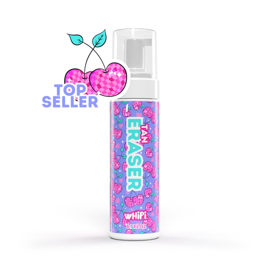 Tan Eraser Mousse in colorful packaging with 'Top Seller' badge, designed to remove old self-tan gently and prep skin for new application.