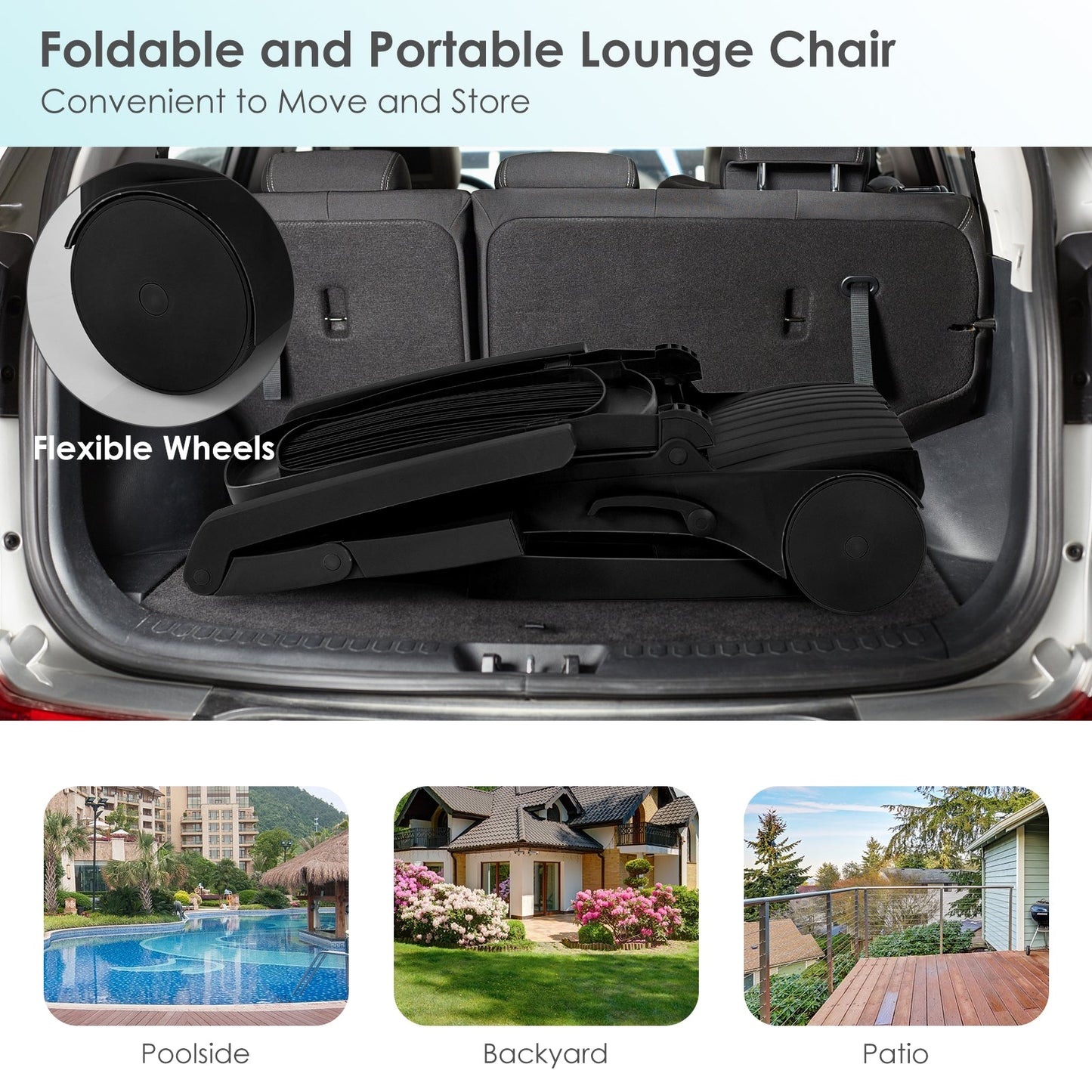Adjustable Patio Sun Lounger with Weather Resistant Wheels-Black folded for easy storage in car trunk