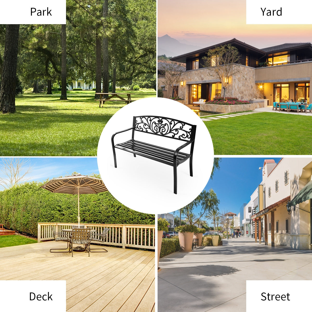 Collage of outdoor spaces featuring a 50 Inch Patio Park Steel Frame Cast Iron Backrest Bench Porch Chair