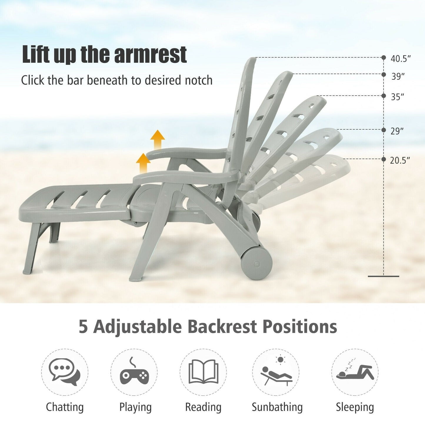 5 Position Adjustable Folding Lounger Chaise Chair-Gray showcasing adjustable backrest on a beach background