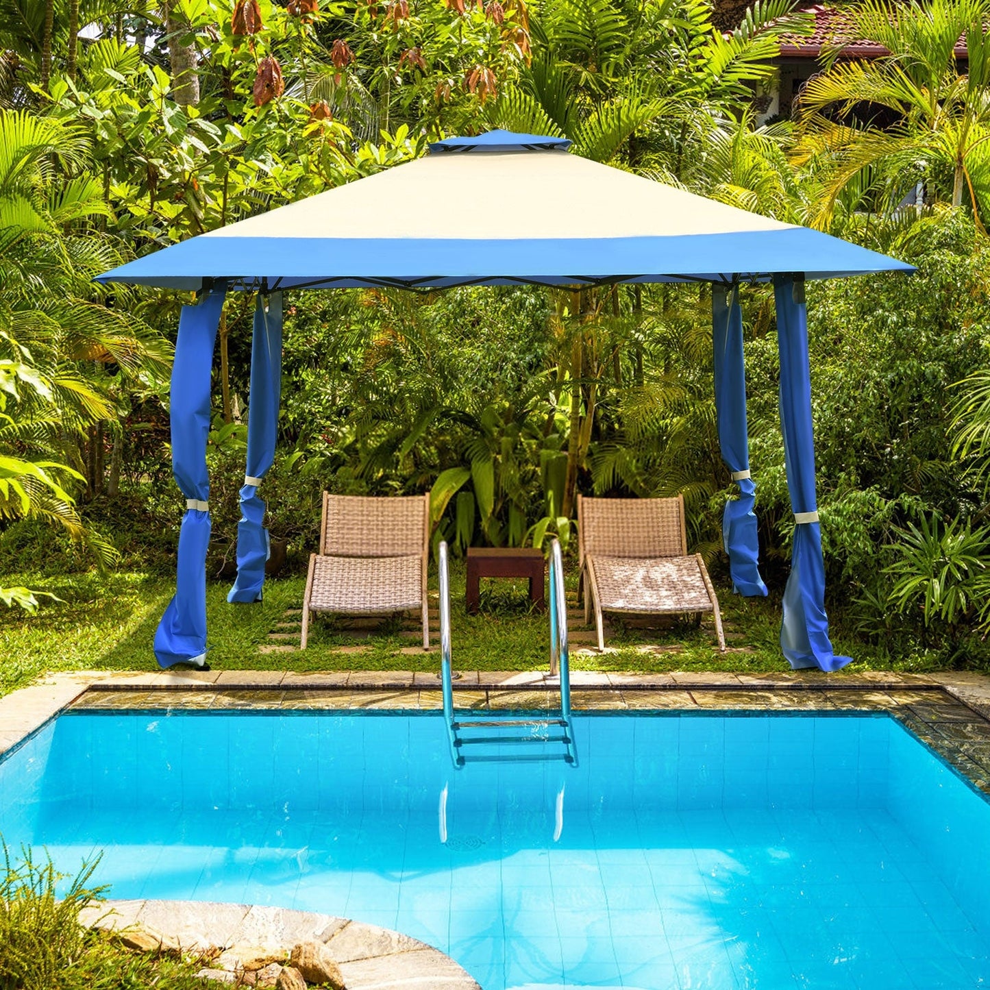 13 Feet x 13 Feet Pop Up Canopy Tent Instant Outdoor Folding Canopy Shelter-Blue by a pool with lush greenery