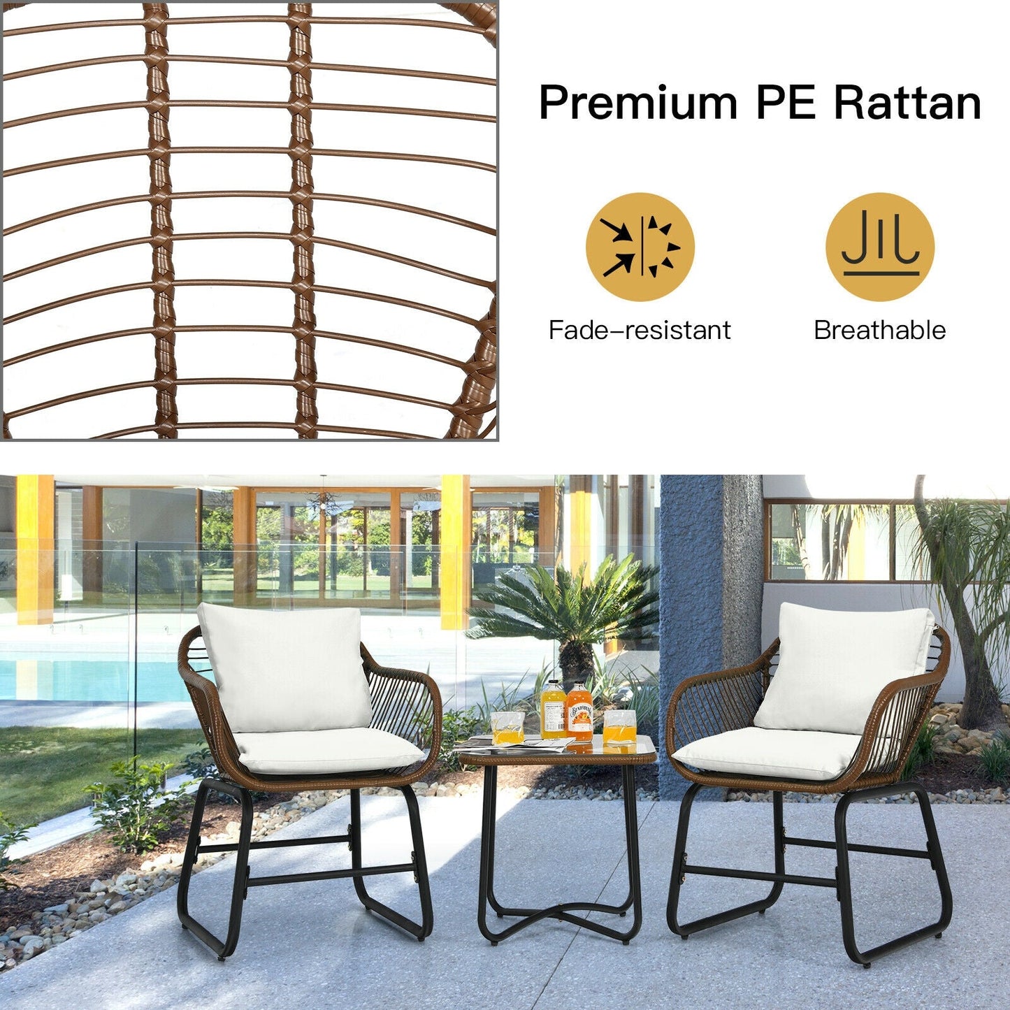 3 Pieces Patio Rattan Bistro Set Cushioned Chair Glass Table Deck-White by a pool with premium PE rattan design and cushions