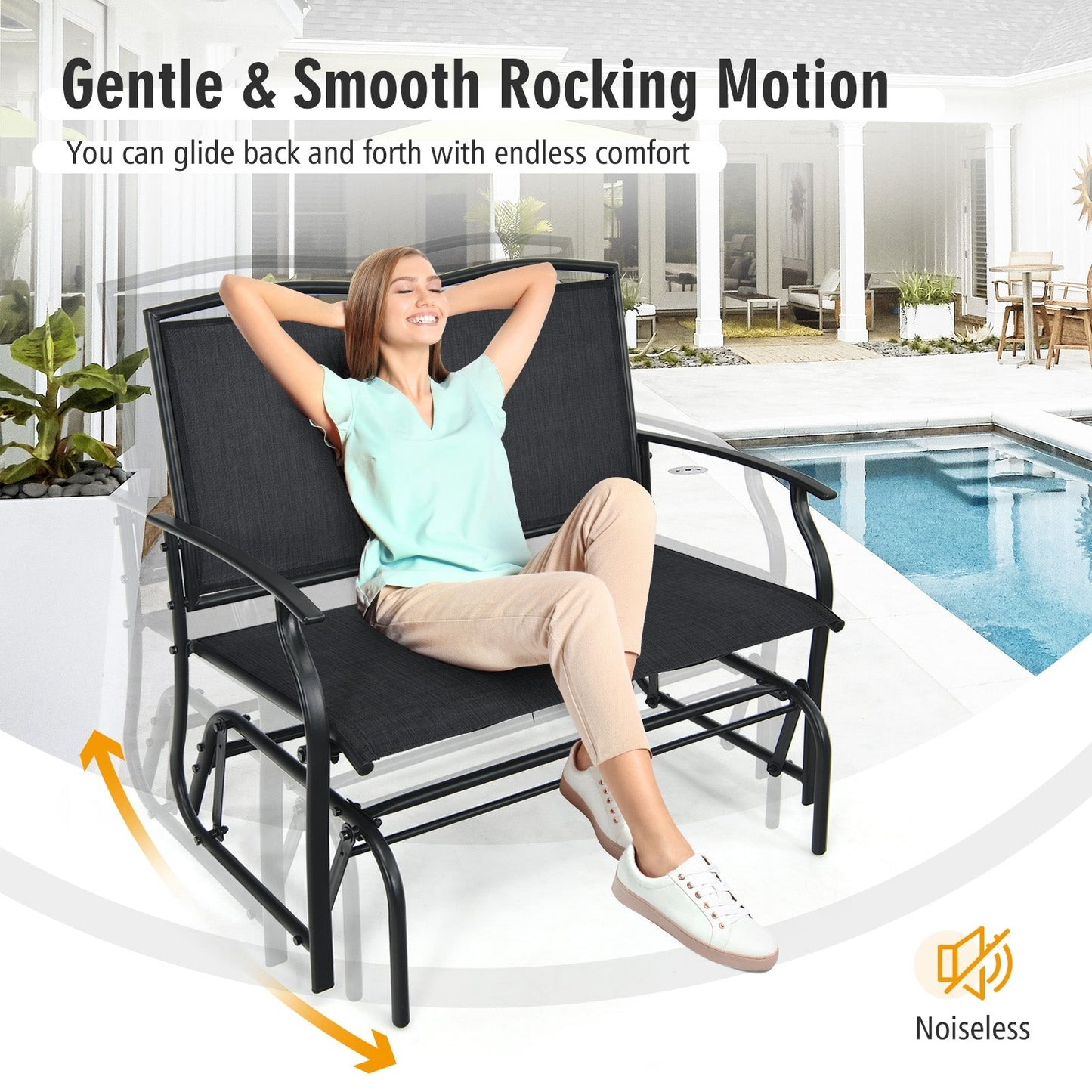 Woman relaxing on Iron Patio Rocking Chair for Outdoor Backyard and Lawn-Black by poolside, enjoying smooth rocking motion.
