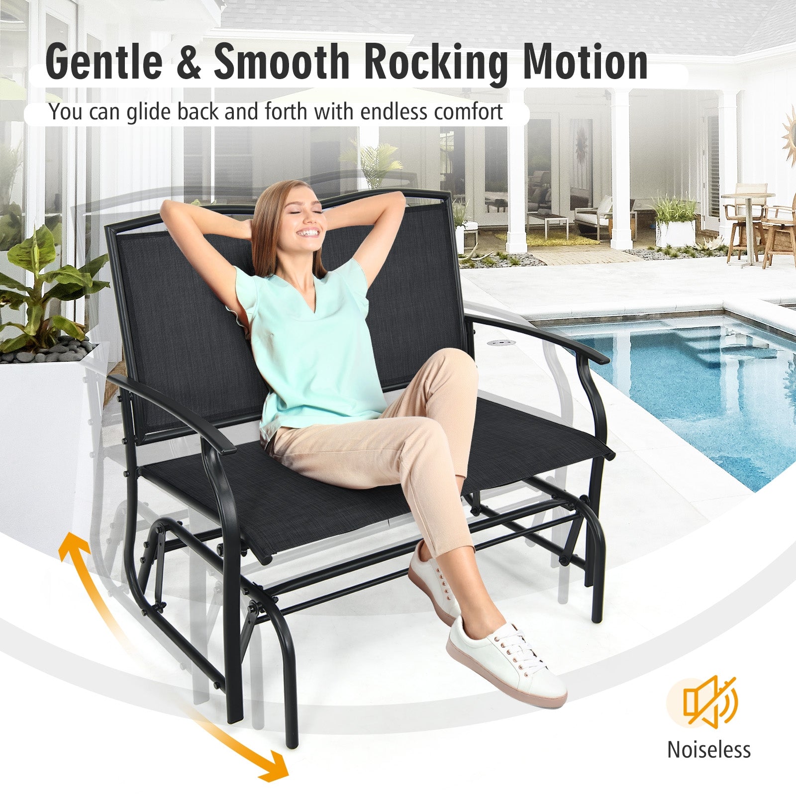 Woman relaxing on Iron Patio Rocking Chair for Outdoor Backyard and Lawn-Black by poolside, enjoying smooth rocking motion.