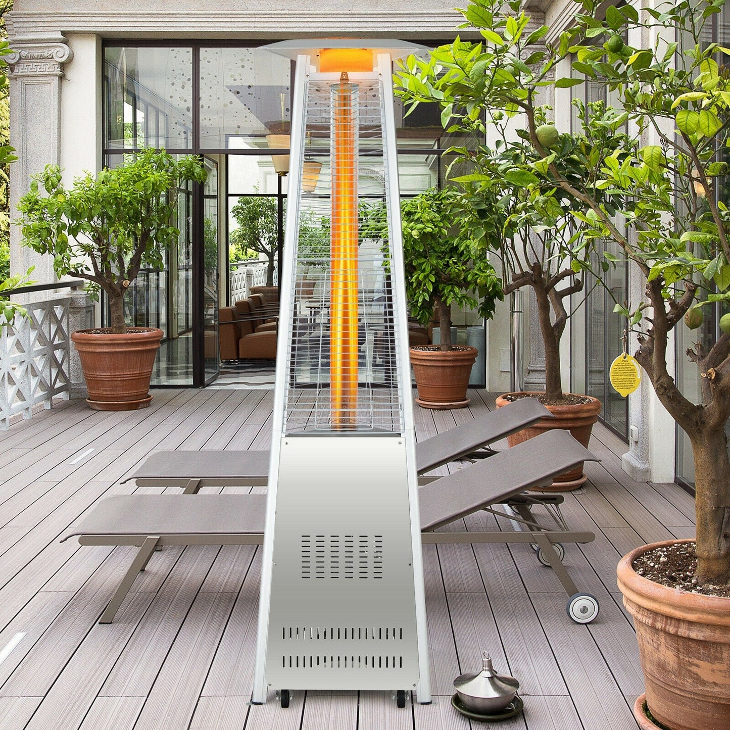 42 000 BTU Stainless Steel Pyramid Patio Heater With Wheels on a stylish outdoor patio