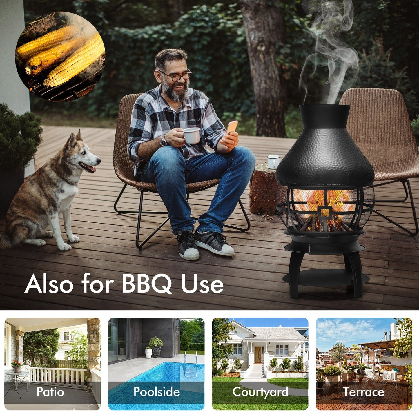 Patio Wood Burning Chimneys Fireplace with heavy-duty cast iron, rain cap, and round wire mesh on a patio with man and dog.