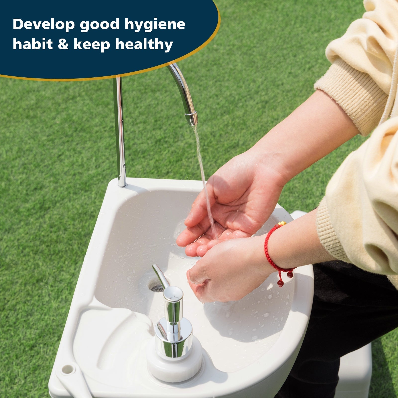 Person using Camping Hand Wash Station Basin Stand with 4.5 Gallon Tank for hygiene on grass outdoors.
