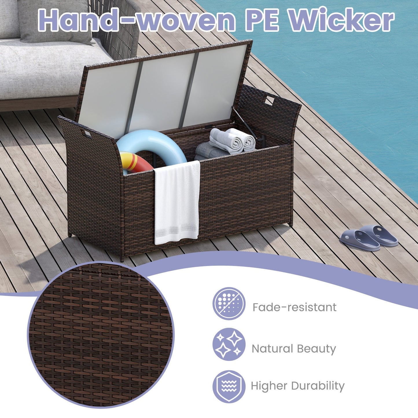 Outdoor Bench with Hand-woven PE Rattan Wicker and Side Handles-Gray featuring open storage, durable wicker, and poolside setting