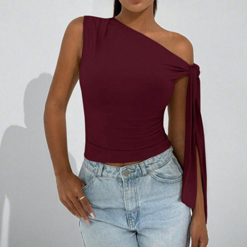 Women’s One-Shoulder Asymmetrical Tie Shoulder Top – Going Out & Party Shirt