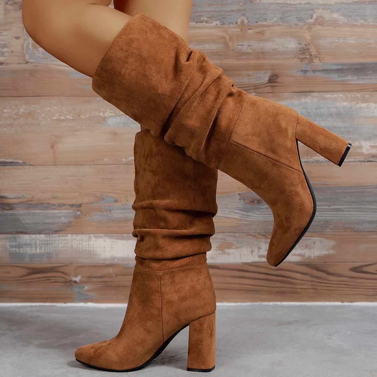 European & American Slip-On High Heel Fashion Boots – Women’s Elegant Booties in brown suede, showcasing stylish design.