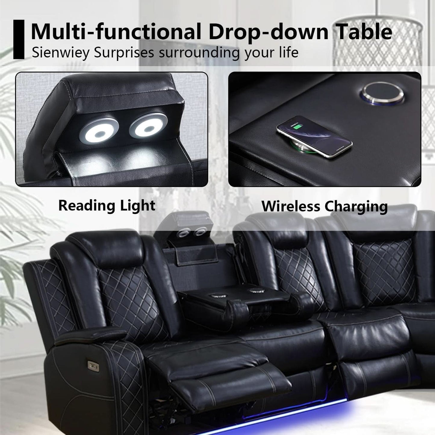 Black Leather Power Reclining Sectional Sofa Living Room