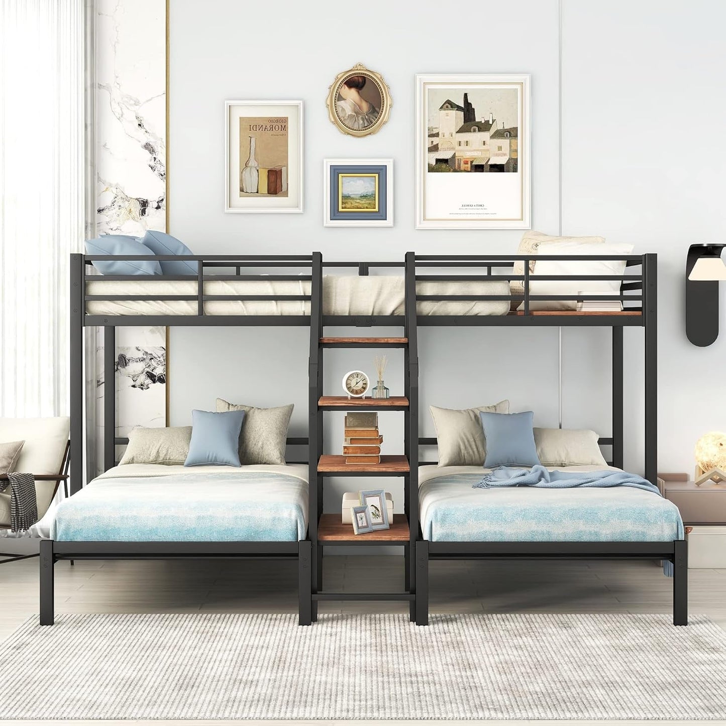 Metal Triple Bunk Bed With Stairs Black Three Beds, maximizing sleep space and style for kids, teens, or adults in a modern bedroom setting.