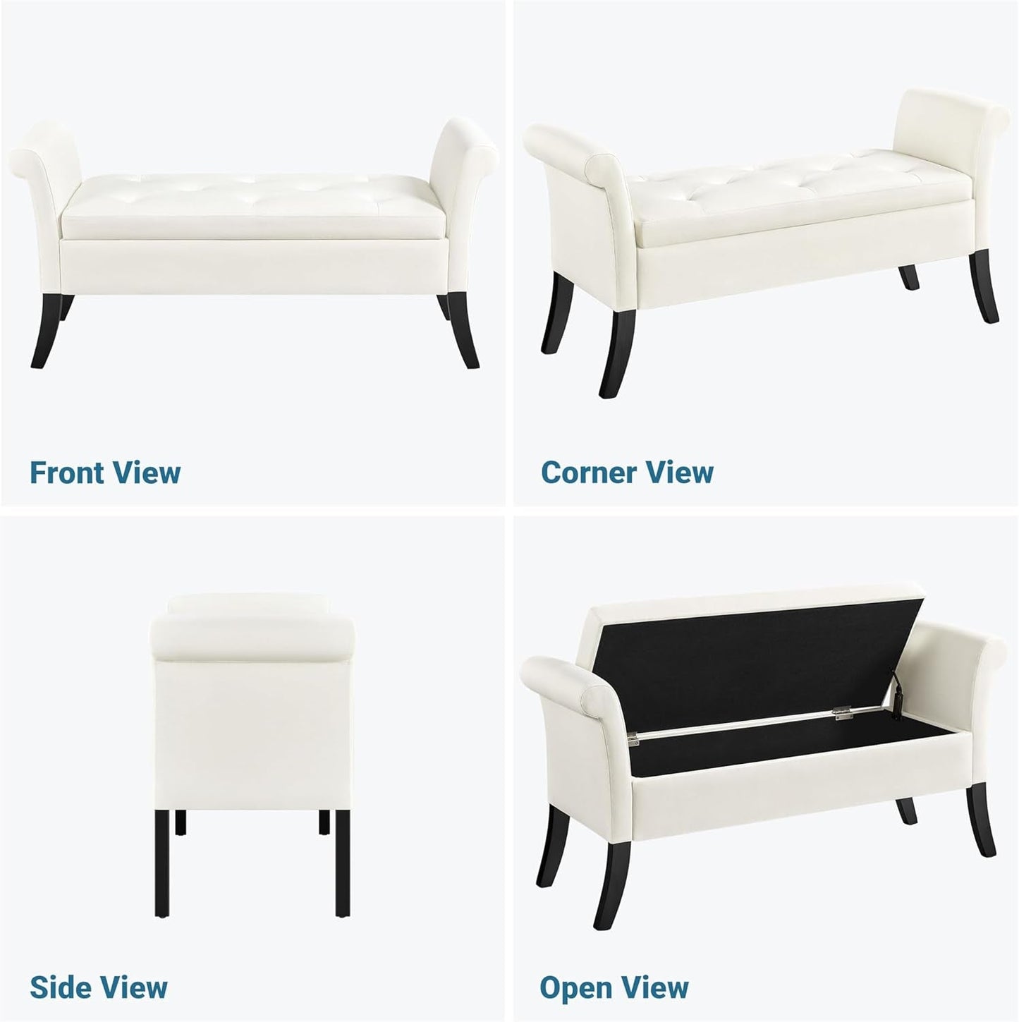 Fifty TwoInches Durable White Upholstered Storage Ottoman Bench shown in various views including front, corner, side, and open compartment.