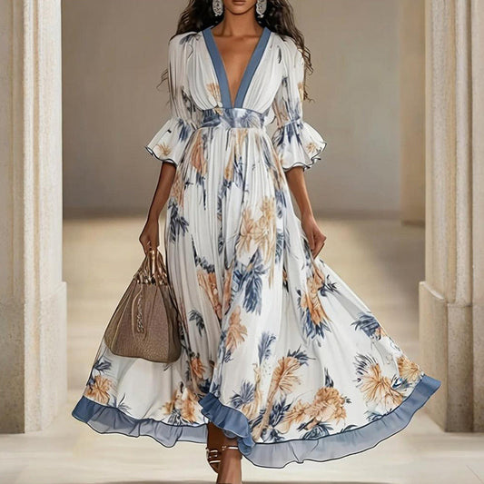 Women's Floral Print Maxi Dress With Deep V-Neck & Flare Sleeves