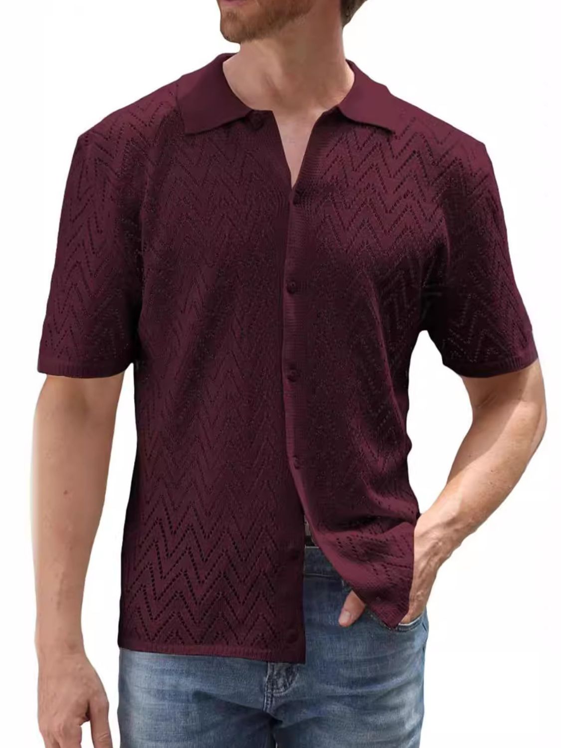 Openwork Button Down Short Sleeve Shirt