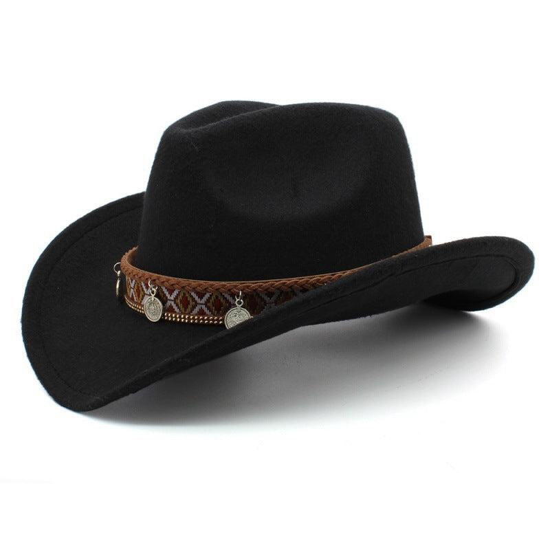 Black Western Charm Woolen Cowgirl Hat with woven band and pendant charms